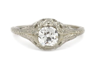 Anillo de compromiso Art Déco antiguo con solitario de 0,50 quilates en oro blanco de 14 quilates