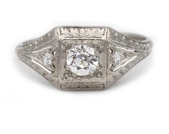 Art Deco Engagement .36 CTW Filigree Platinum Old European Cut Diamond Antique Engagement Ring