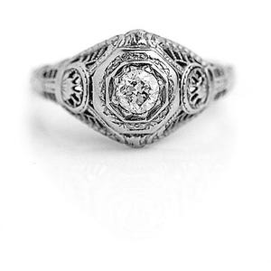 Art Deco Solitaire Ring .25ct Old Euro Cut Diamond F SI1 – 1930s 18K White Gold – Hexagon Frame – Filigree Vintage Engagement Ring