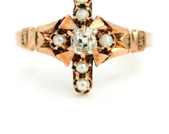 Victorian Ring .20ct Old Mine Cut Diamond with Seed Pearls – 1800s 18K Rose Gold – Antique Filigree  Ring