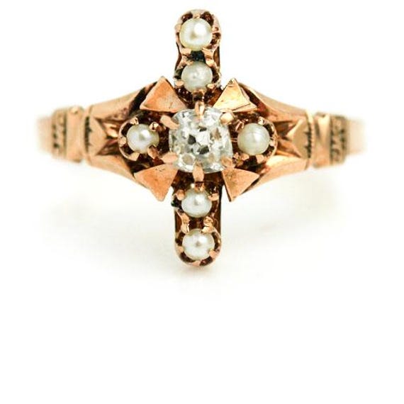 Victorian Ring .20ct Old Mine Cut Diamond with Seed Pearls – 1800s 18K Rose Gold – Antique Filigree  Ring