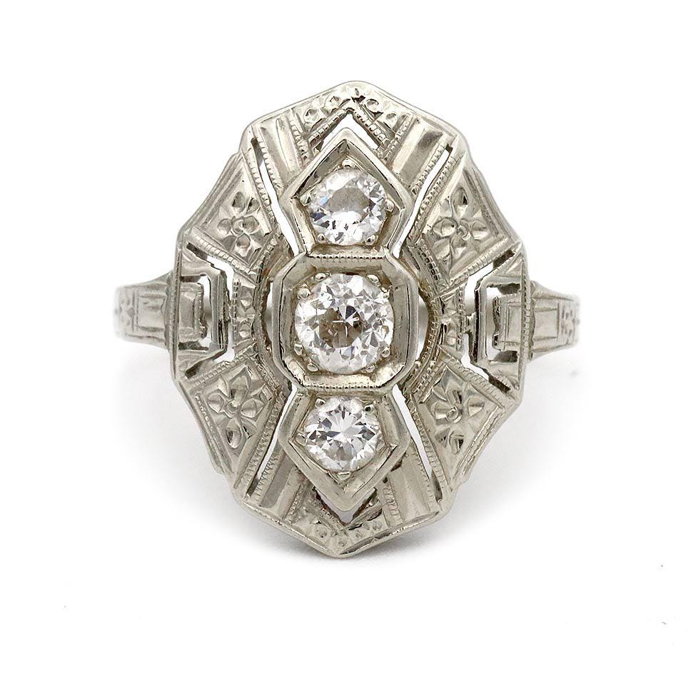 Vintage .35 CTW Navette Three Stone Diamond Antique Cocktail Ring