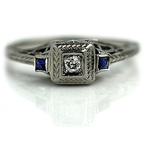 Art Deco .18 CTW Old Mine Cut Diamond Sapphire Square Filigree Vintage Engagement Ring