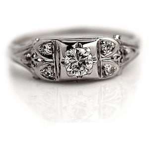 Art Deco Engagement Ring | .25 Carat European Cut Diamond | 14K White Gold | Milgrain Details | Antique 1920s-30s | Ethical & Conflict Free