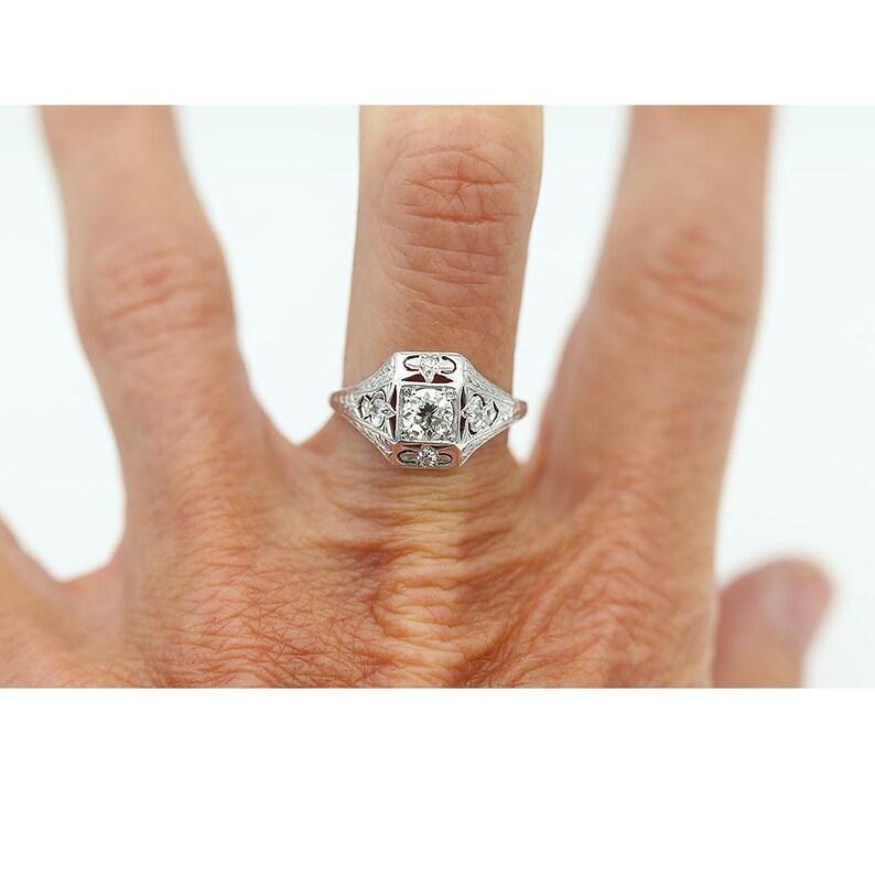 Antique Diamond Ring Vintage White Gold Filigree European Cut Diamond Art Deco Engagement Ring image 4