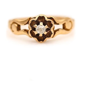 Victorian Engagement Ring .07ct Old Mine Cut Diamond – 10K Rosy Yellow Gold – Buttercup Setting – Antique Solitaire Ring
