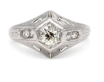 Antique .58 CTW Old Mine Cut Diamond Filigree Mid-Century Engagement Ring