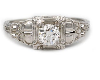 Vintage .60 CTW Solitaire 18 Karat White Gold Art Deco Engagement Ring Antique Engagement Ring