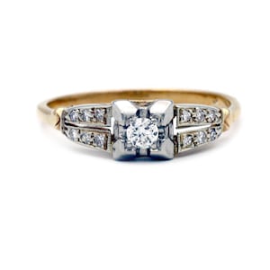 1940s Two-Tone Diamond Ring – .15ct Old European Cut with Single Cut Accents in 14K White & Yellow Gold