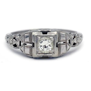 Vintage Antique Art Deco Diamond Engagement Ring in 14K White Gold | Solitaire European Cut Diamond Stacking Ring image 1