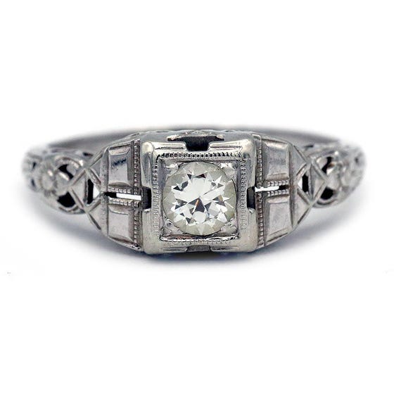 Vintage Antique Art Deco Diamond Engagement Ring in 14K White Gold | Solitaire European Cut Diamond Stacking Ring