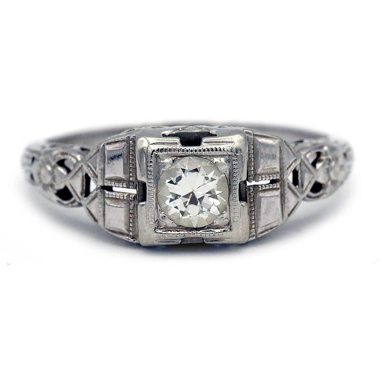 Vintage Antique Art Deco Diamond Engagement Ring in 14K White Gold | Solitaire European Cut Diamond Stacking Ring image 1