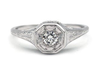 Art Deco Diamond Engagement Ring Vintage 1920's Old European Cut Diamond Engagement Wedding Anniversary Ring 18k White Gold "The Lori"