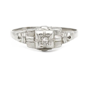 Antique Diamond Engagement Ring | 1930s Geometric Design | 14K White Gold with Filigree Accents