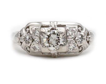 Antique Engagement Ring .25ct Old Euro Diamond F VS1 – 1920s 18K White Gold – Filigree Design with Single Cut Accents