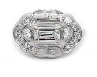 Mid-Century Engagement Ring 1.10 CTW Horizontal Emerald Cut Diamond Engagement Ring | G/VS2
