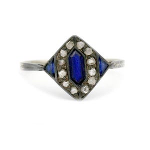 Antique Sapphire Ring .70 CTW Lozenge Cut Sapphire and Rose Cut Diamond & Sapphire Engagement Ring