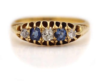 Antique Sapphire Ring .60 CTW Old Mine Cut Diamond & Sapphire Wedding Ring Birthstone ring September Birthstone