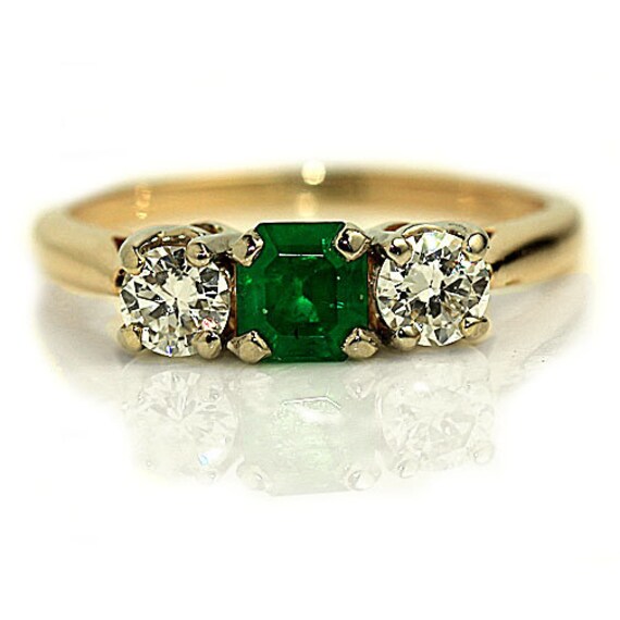 Vintage Emerald Engagement Ring Green Three Stone