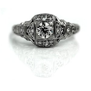 Antique Diamond Engagement Ring .42ctw Mine Cut Diamond Vintage Engagement Ring 18K White Gold