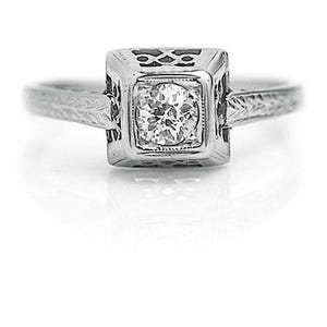 Art Deco Engagement Ring .30ct Old Euro Diamond H SI1 – 1930s 18K White Gold – Filigree Vintage Ring – Antique Low Profile Design