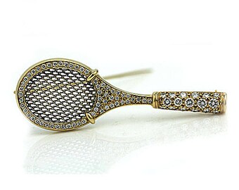 Vintage Tennis Diamond Pin Pendant- Van Cleef and Arpels Tennis Pin Brooch -Tennis Pendant, Gold Tennis Pin Van Cleef and Arpels