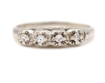 Vintage Wedding Band .20ct Single Cut Diamonds F VS2 – 1950s 14K White Gold – Stackable Antique Ring – Classic Bridal Band