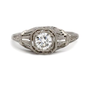 Art Deco Engagement Ring .45ct Old European Cut Diamond F VS2 – Octagonal Milgrain Frame – Platinum Filigree Vintage 1930s Ring