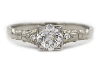 Art Deco Engagement Ring .79 CTW Diamond Geometric 18 Kt White Gold Antique Engagement Ring GIA J/I1
