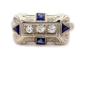Art deco saffierring. 60 CTW oude Europese geslepen diamant 18 karaat witgoud antieke saffier verlovingsring drie stenen ring