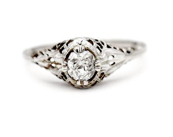 Art Deco Engagement Ring .45 CTW Old Mine Cut Diamond 18 Karat White Gold Antique Solitaire Engagement Ring
