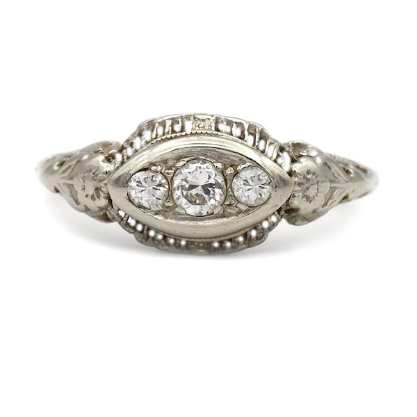 Art Deco Three Stone Engagement Ring 14 Kt White Gold Circa 1920s Filigree Floral Finds Go Vintage