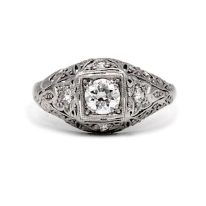 Art Deco Diamond Ring Antique 1930's .43ctw Old European Cut Diamond Platinum Filigree Engraved Vintage Wedding Anniversary Ring