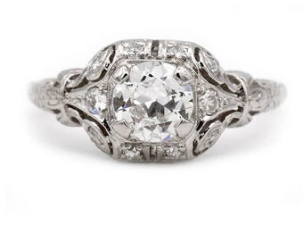Art Deco 1.09 CTW Old European Cut Diamond Engagement Ring in Platinum