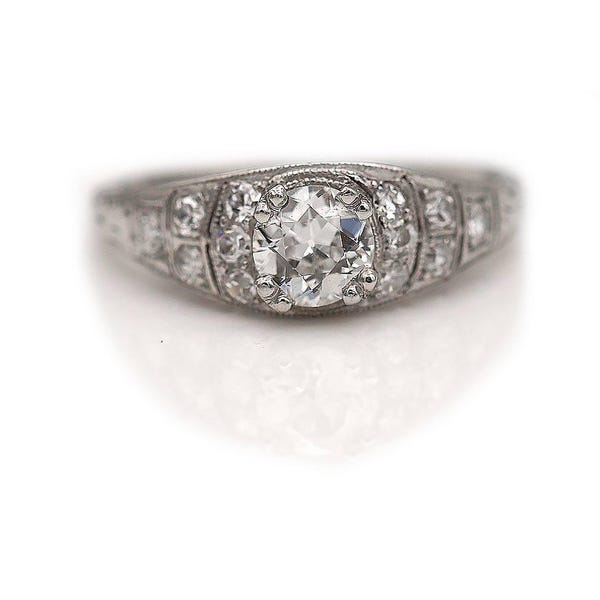 Art Deco .84 CTW Old European Cut Diamond 18 Karat White Gold Vintage Engagement Ring