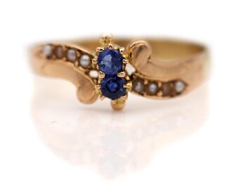 Dainty Victorian Sapphire Engagement Ring .20 Ctw 10 Karat Rose Gold Sapphire Pearl Antique Engagement Ring