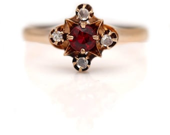 Anillo de compromiso victoriano con espinela roja de 0,55 quilates en total, diamantes talla rosa, oro amarillo rosado de 10 quilates, anillo antiguo, piedra natal de agosto.