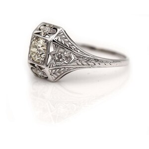 Antique Diamond Ring Vintage White Gold Filigree European Cut Diamond Art Deco Engagement Ring image 2