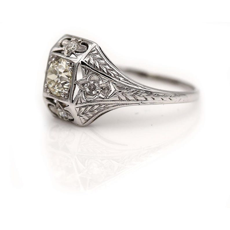 Antique Diamond Ring Vintage White Gold Filigree European Cut Diamond Art Deco Engagement Ring image 2