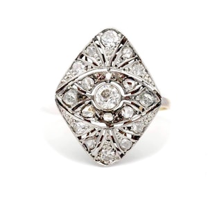 Edwardian Engagement Ring .55 CTW European & Rose Cut Diamond Platinum 18 Karat Yellow Gold Vintage Engagement Ring