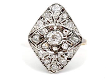 Edwardian Engagement Ring .55 CTW European & Rose Cut Diamond Platinum 18 Karat Yellow Gold Vintage Engagement Ring