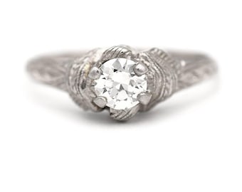 Art Deco Engagement Ring .45ct Old Euro Diamond G VS2 – 1930s Platinum – Filigree Vintage Ring – Antique & Conflict-Free