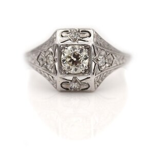 Antique Diamond Ring Vintage White Gold Filigree European Cut Diamond Art Deco Engagement Ring image 5