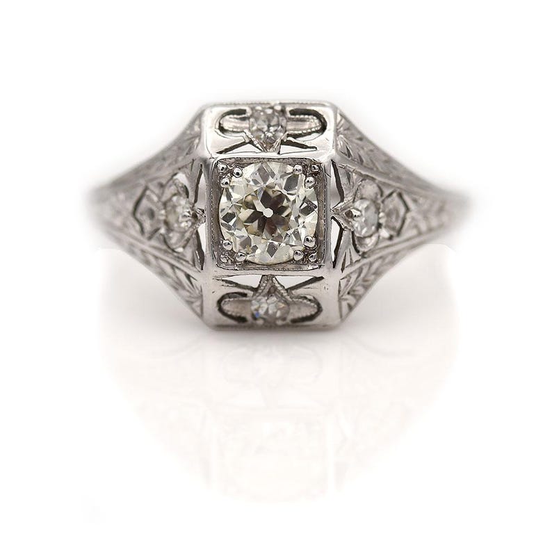 Antique Diamond Ring Vintage White Gold Filigree European Cut Diamond Art Deco Engagement Ring image 5