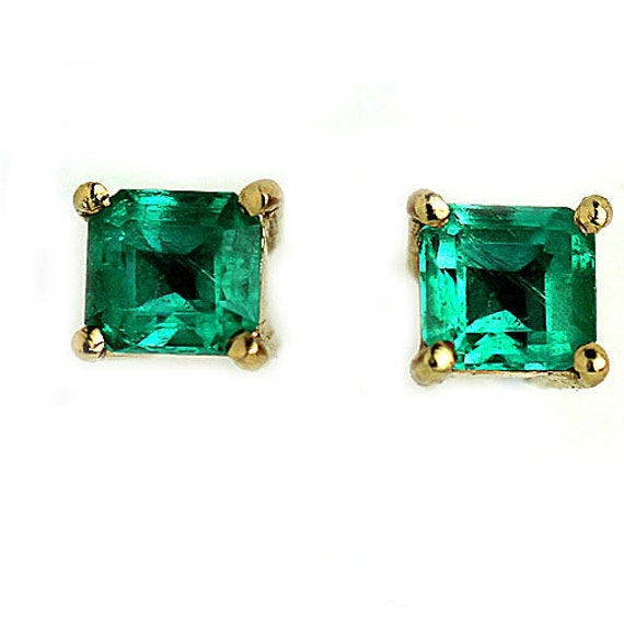 Vintage Emerald Earrings 14Kt Yellow Gold Green Em