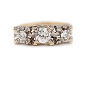 Three Stone Engagement Ring Vintage Two Tone 3 Stone Illusion Set Old European Cut Diamond Engagement Ring
