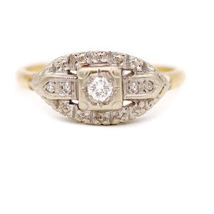 1930&#39;s Engagement Ring Mid-Century .43ctw Transitional Cut Diamond in 14kt Yellow and White Gold Two Tone Ring