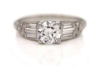 Art Deco Style Engagement .88 CT GIA Baguette Diamond Vintage Engagement Old European Cut Diamond Engagement Ring
