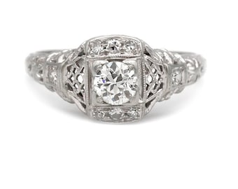 Antique Diamond Engagement Ring .42ctw Mine Cut Diamond Vintage Engagement Ring 18K White Gold