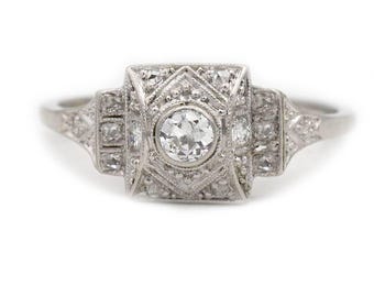 Art Deco Bezel Set European Cut Diamond Engagement Ring in 18 Kt White Gold — .40 CTW